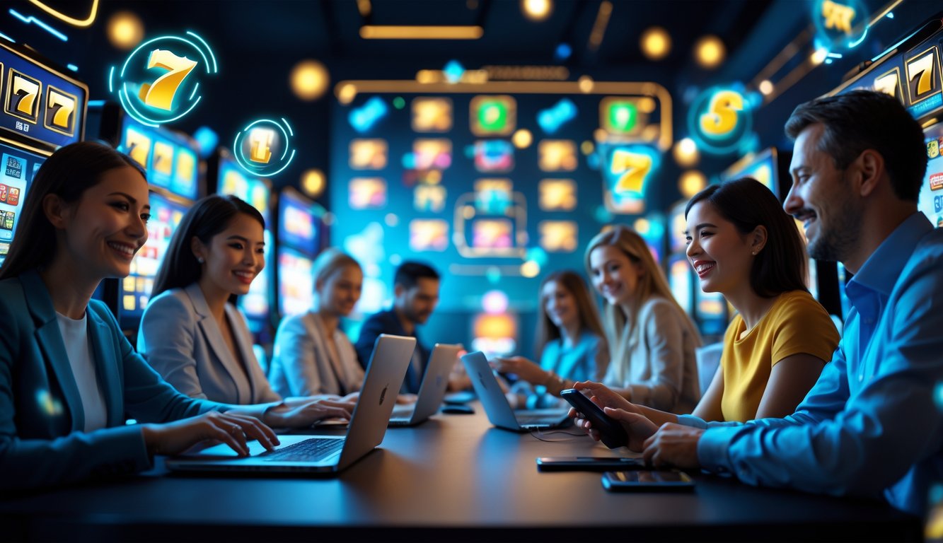 Sekelompok orang menggunakan laptop dan ponsel di ruangan modern dengan layar yang menampilkan grafik mesin slot digital.