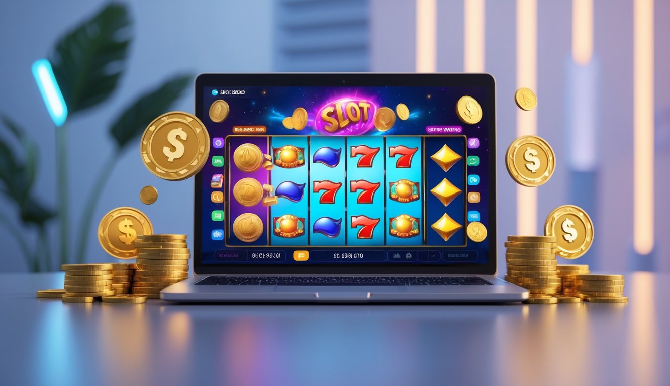 Sebuah komputer menampilkan permainan slot online dengan grafik warna-warni dan koin emas di sekitarnya, menggambarkan platform slot online terbaik di Indonesia.