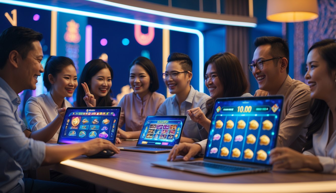 Beberapa orang sedang bermain permainan slot online dengan perangkat digital di lingkungan yang modern dan cerah.