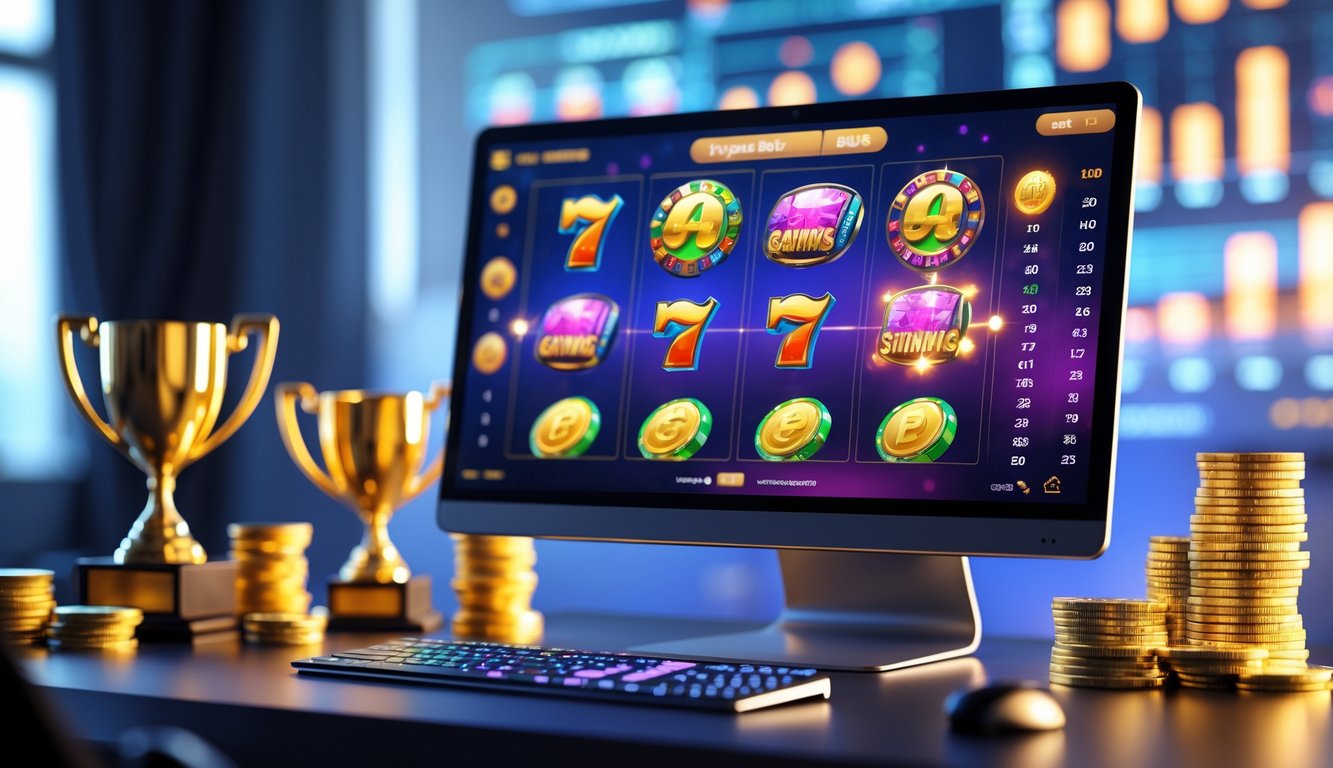 Sebuah ruang kerja modern dengan komputer yang menampilkan permainan slot online berwarna-warni dan elemen keberhasilan seperti tumpukan koin dan piala di sekitarnya.