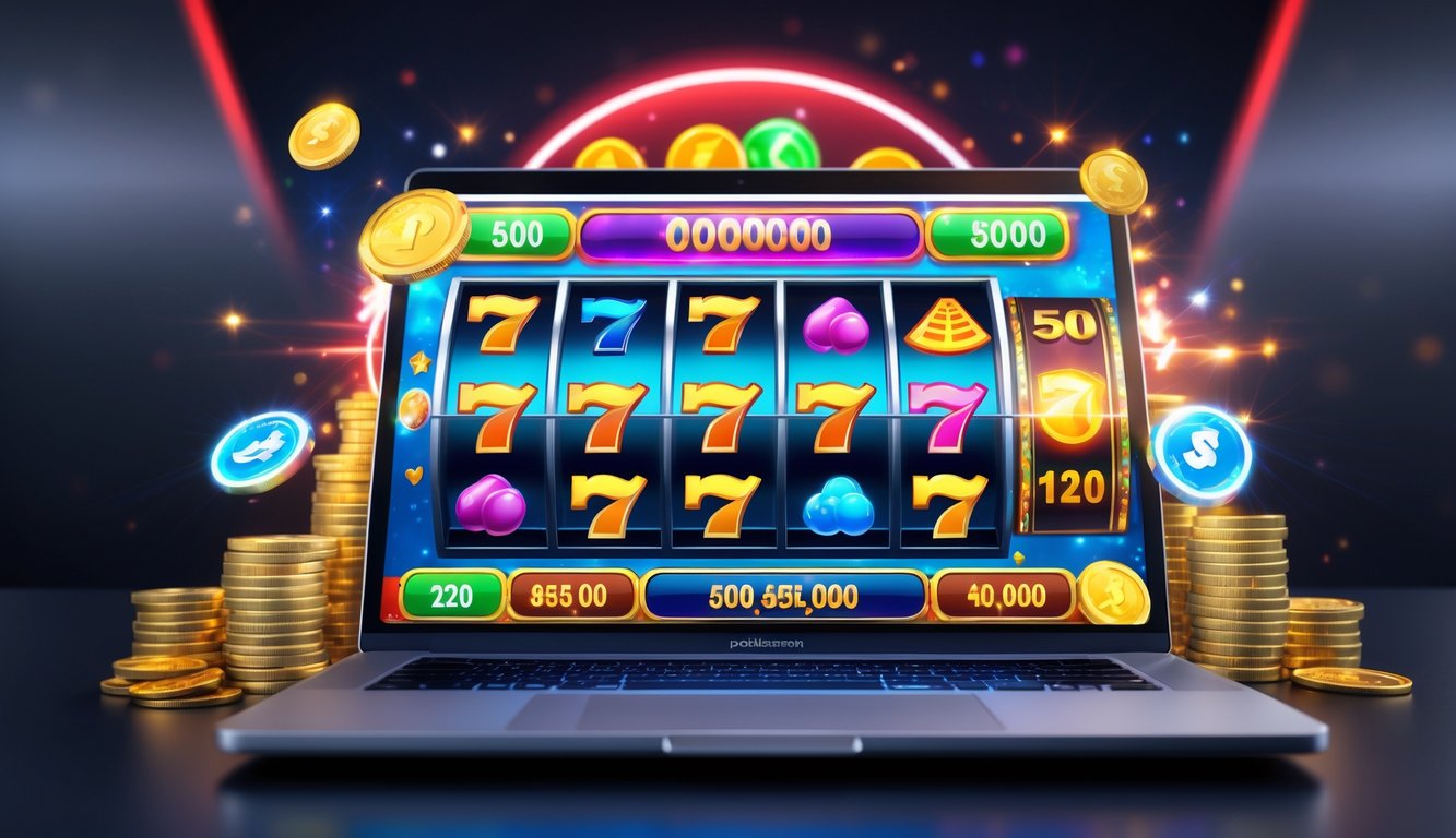 Sebuah komputer menampilkan permainan mesin slot online dengan simbol warna-warni dan efek cahaya yang menunjukkan suasana kemenangan besar.