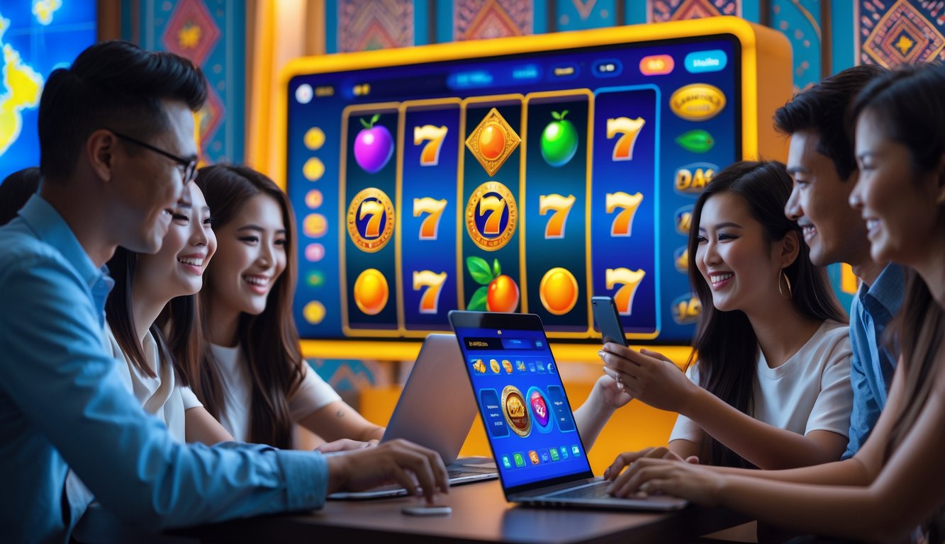 Sekelompok orang muda sedang bermain permainan slot online pada laptop dan ponsel di lingkungan modern dengan dekorasi yang mencerminkan budaya Indonesia.