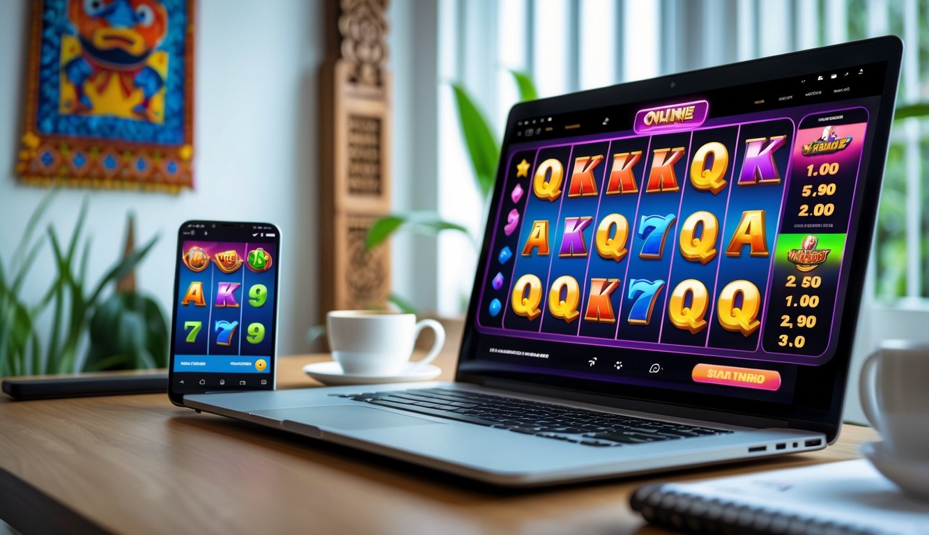 Seorang pengguna duduk di depan laptop dan ponsel yang menampilkan permainan slot online dengan dekorasi kecil bertema Indonesia di latar belakang.