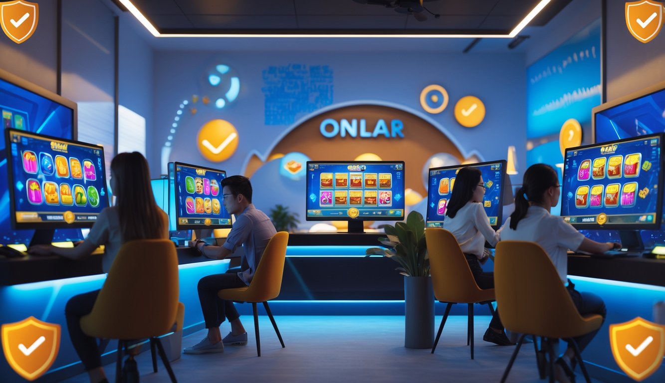 Beberapa orang menggunakan komputer dengan tampilan permainan slot online di layar dalam ruangan yang nyaman dan modern.