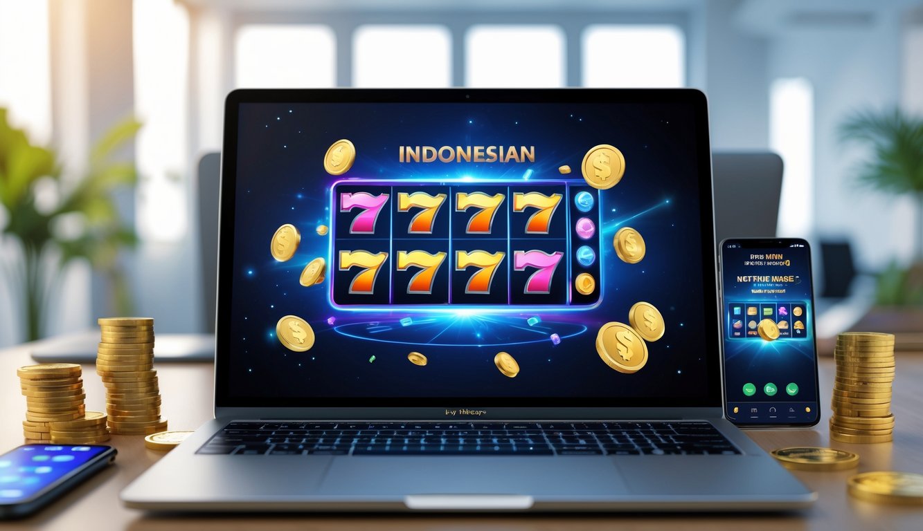 Seorang pria menggunakan laptop di meja kerja dengan tampilan permainan slot di layar, di sekitar terdapat koin virtual dan ponsel yang menampilkan permainan slot.