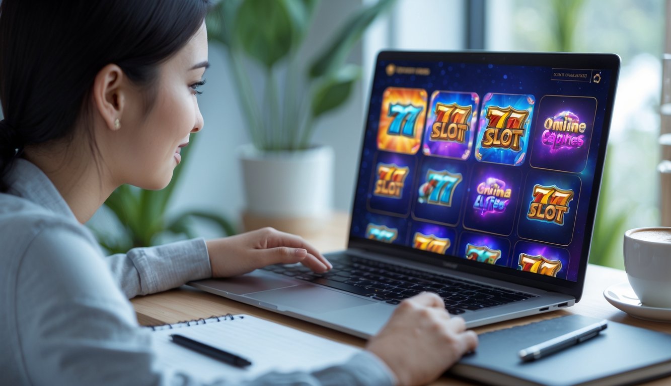 Seorang pemula Indonesia sedang menggunakan laptop di rumah untuk bermain permainan slot online dengan suasana nyaman dan pencahayaan alami.