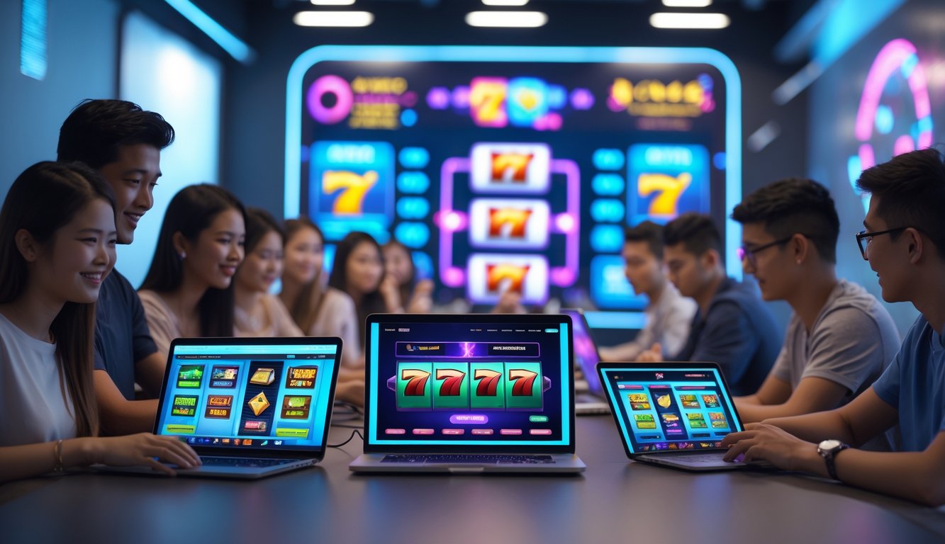 Sekelompok orang muda menggunakan laptop dan ponsel dengan tampilan permainan slot online di ruangan modern.