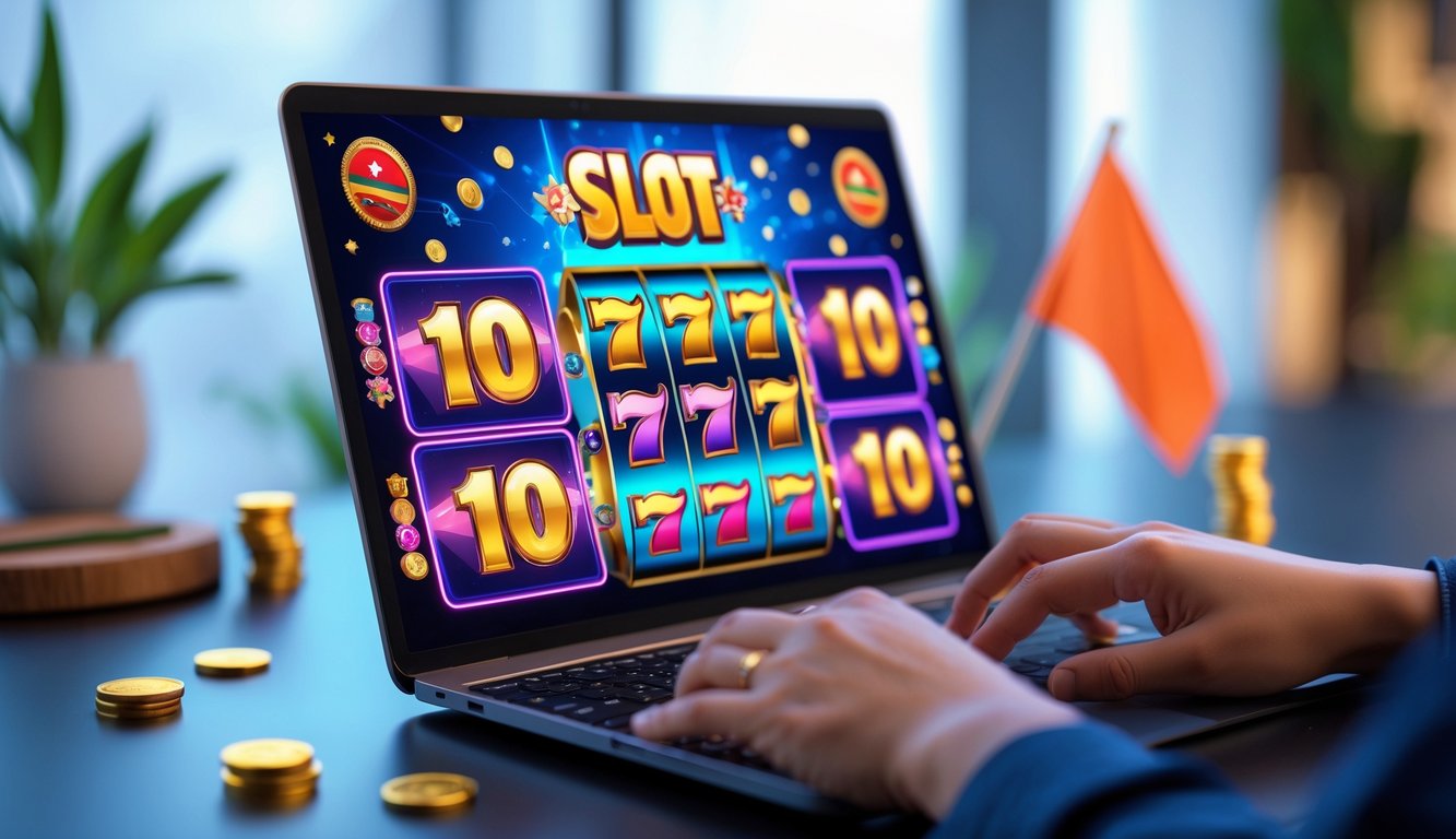 Seseorang menggunakan komputer dengan layar menampilkan permainan slot online berwarna-warni, dengan latar belakang yang samar dan bendera kecil Indonesia di dekat perangkat.