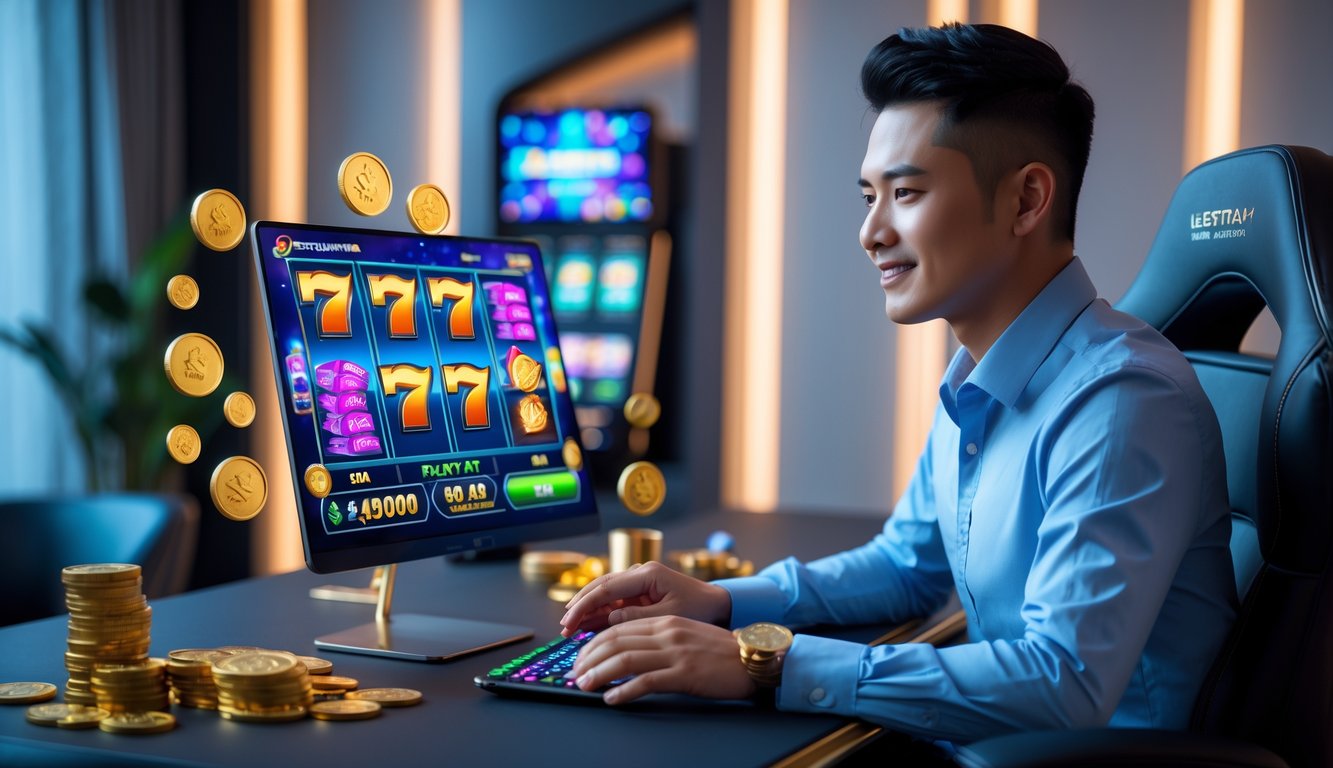 Seorang pria muda Indonesia duduk di depan laptop di ruangan modern, fokus bermain permainan slot dengan simbol jackpot dan koin emas di sekitarnya.