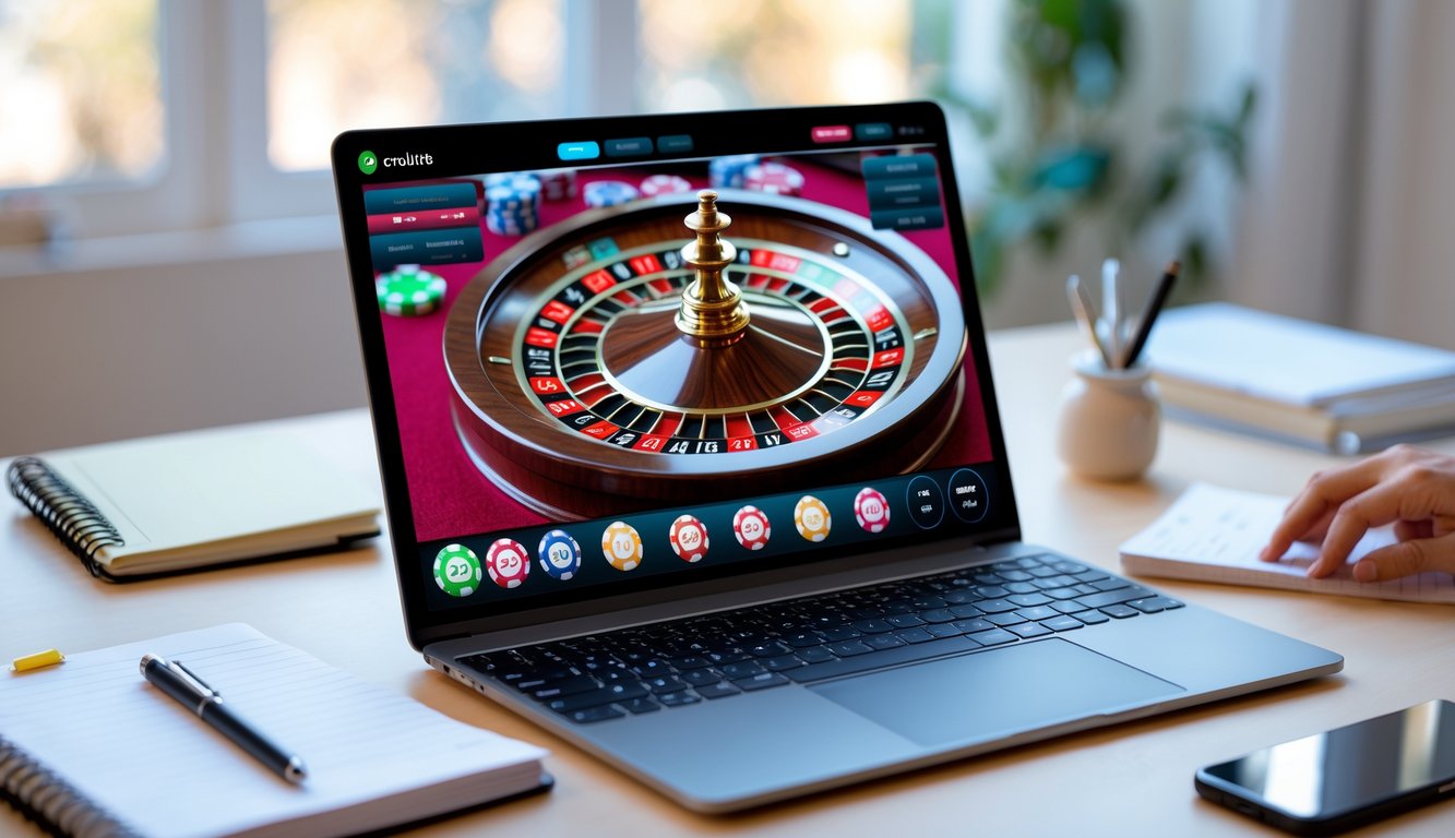 Seorang pengguna duduk di depan laptop yang menampilkan roda roulette digital dan chip taruhan di meja kayu dengan catatan dan ponsel di sekitarnya.