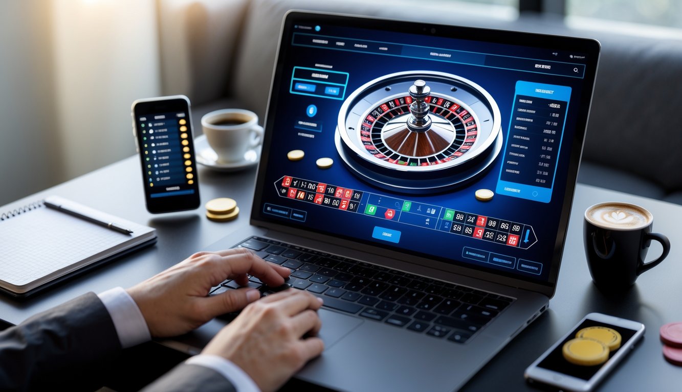 Sebuah meja dengan komputer menampilkan permainan roulette online, disertai catatan strategi dan smartphone di sekitarnya.