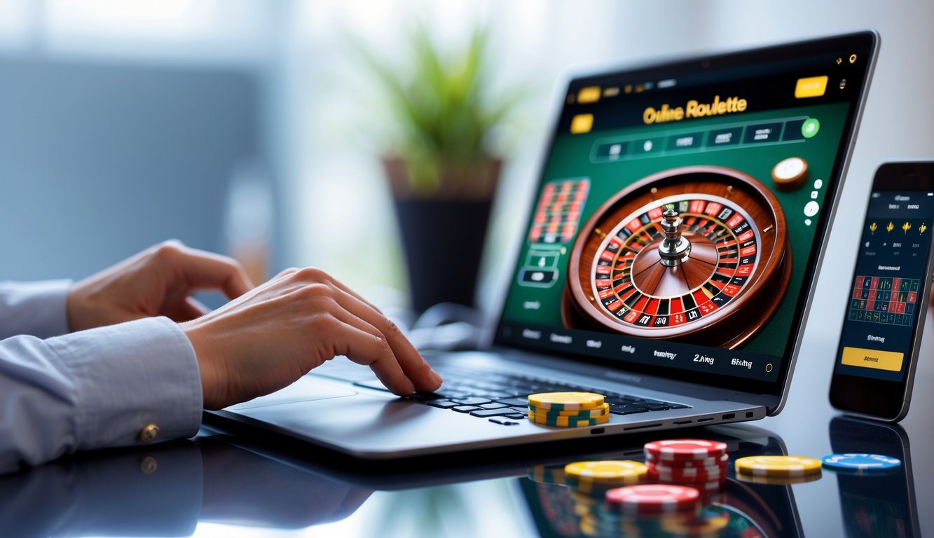 Seseorang menggunakan laptop untuk bermain roulette online dengan roda roulette dan chip berwarna-warni di layar, di meja yang rapi di ruang yang terang.