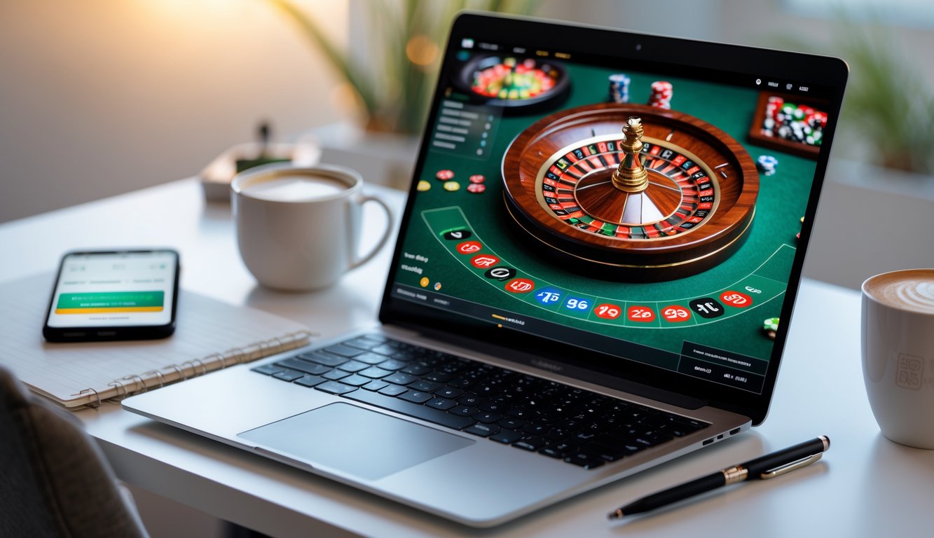 Seorang pengguna sedang bermain roulette online di laptop dengan layar menampilkan roda roulette digital dan chip taruhan, di atas meja terdapat ponsel, catatan, dan cangkir kopi.