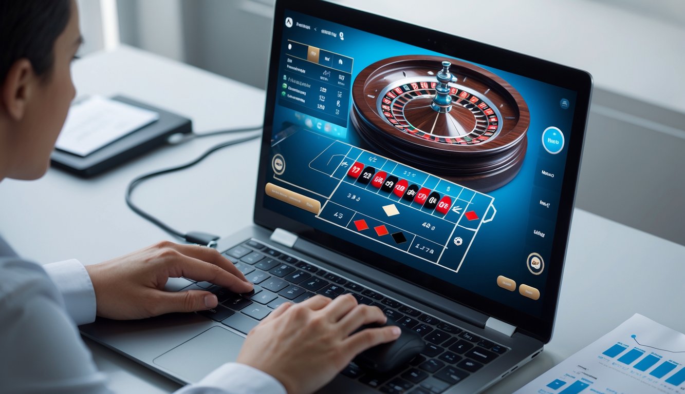 Seorang pemain sedang fokus menggunakan komputer dengan tampilan roda roulette dan antarmuka taruhan online.