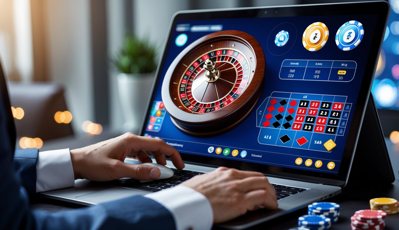 Seseorang bermain roulette online di depan komputer dengan tampilan roda roulette dan chip taruhan.