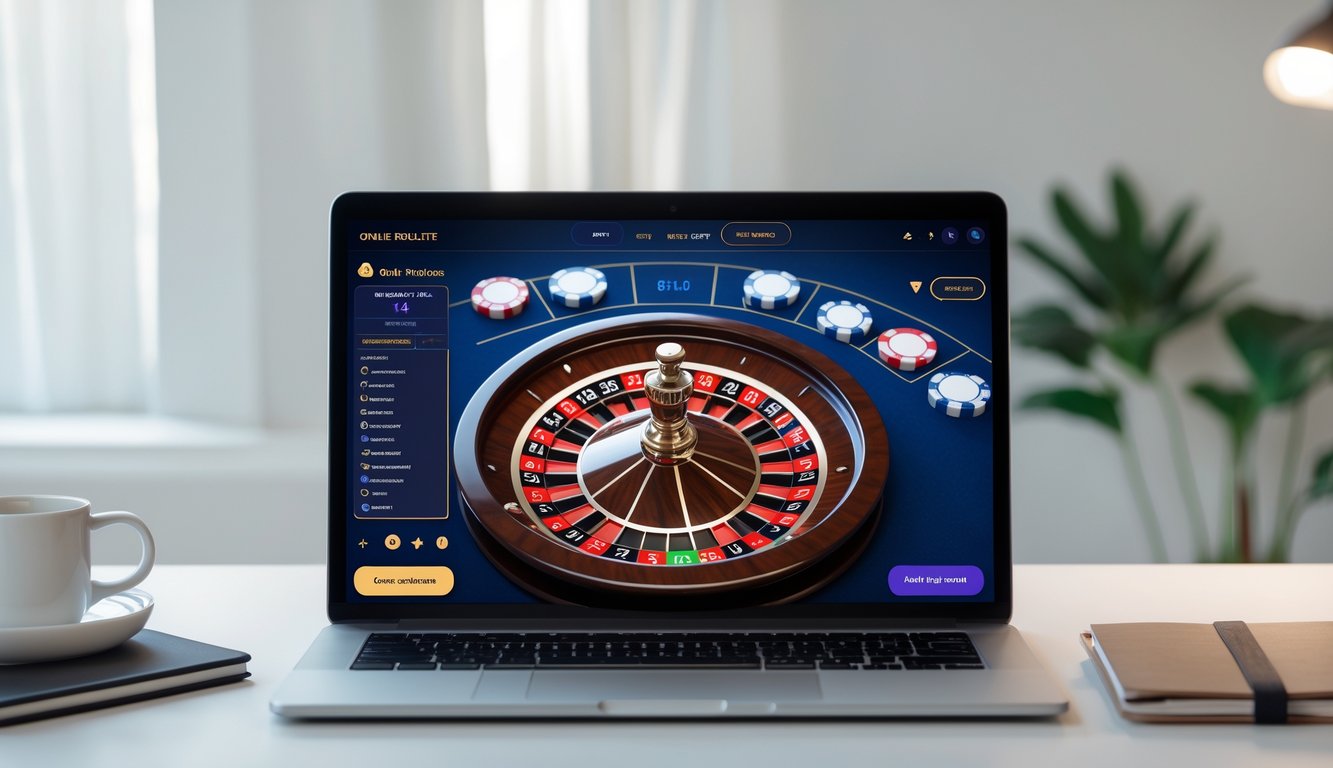 Seorang pengguna bermain roulette online di depan layar komputer di ruang kerja yang rapi dan terang.