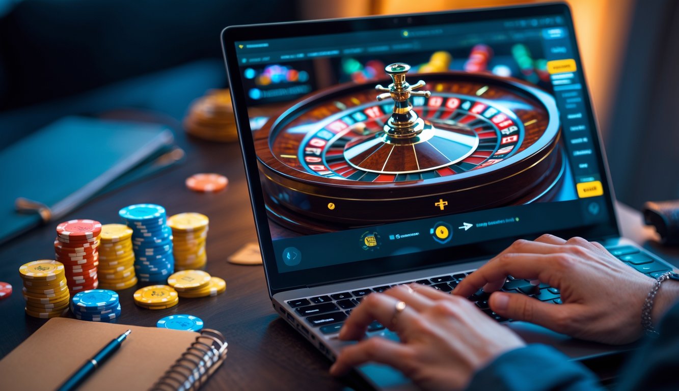 Seseorang menggunakan laptop dengan tampilan roda roulette online dan tumpukan chip di meja, dengan buku catatan dan pena di samping.