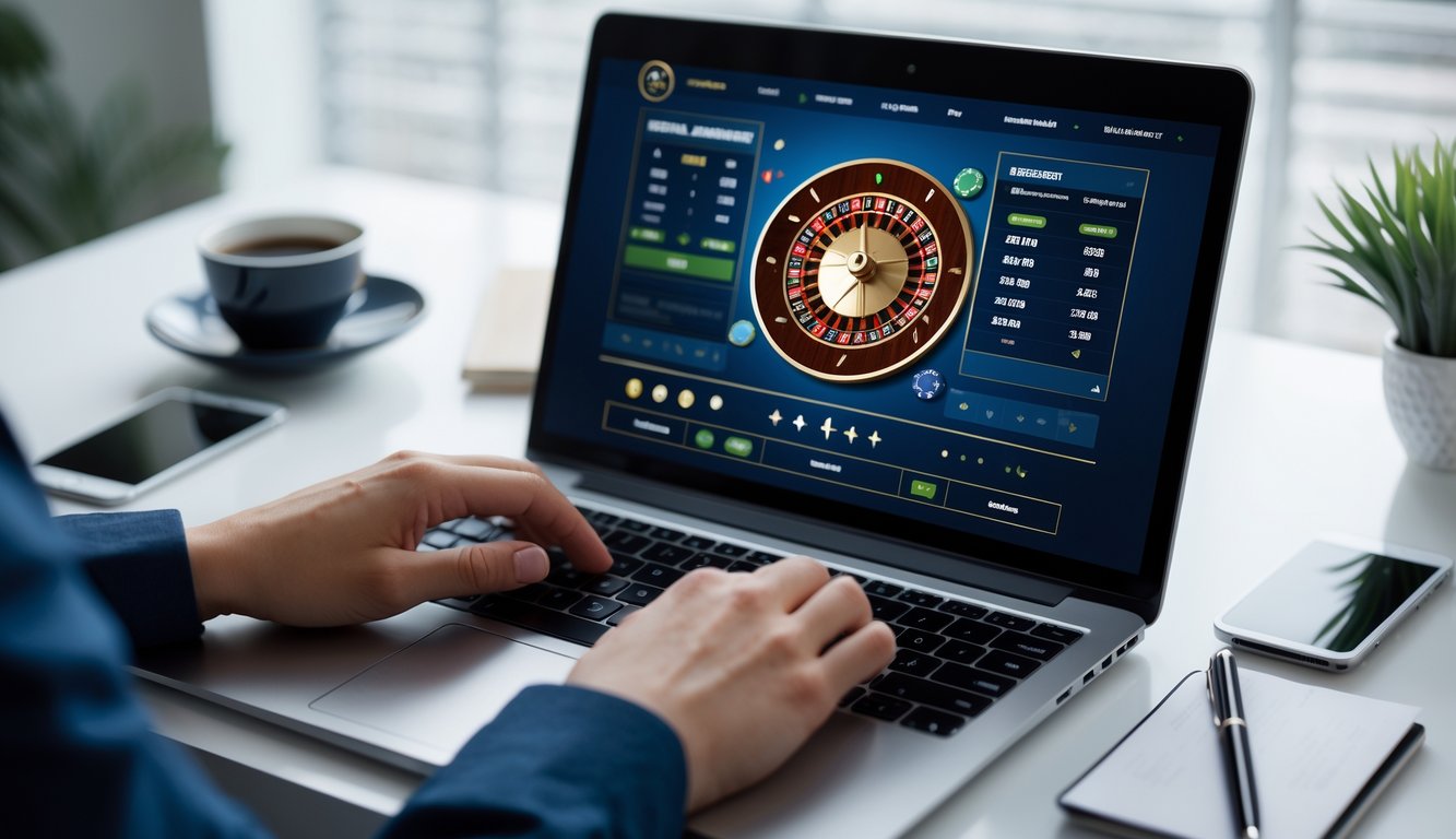 Seseorang menggunakan laptop dengan tampilan platform roulette online di layar di meja kerja yang rapi.