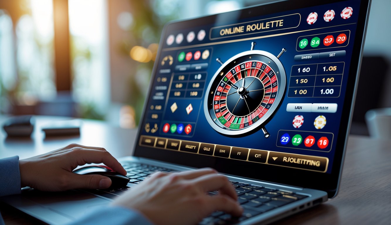 Seseorang bermain roulette online di komputer dengan tampilan roda roulette dan meja taruhan yang jelas di layar.