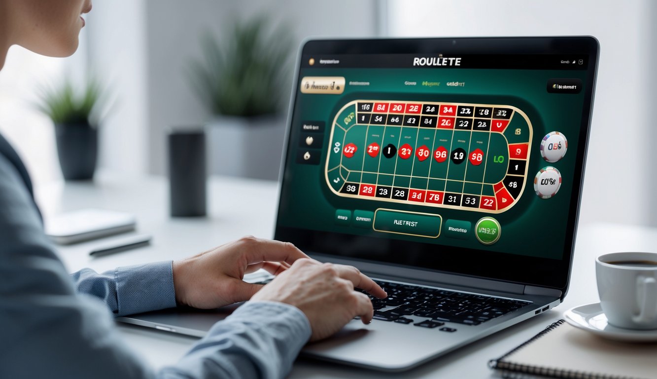 Seseorang yang sedang duduk di depan laptop dengan tampilan permainan roulette online di layar, siap bermain di meja kerja yang rapi.