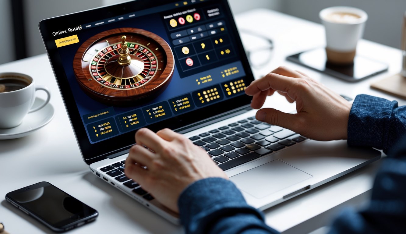 Seseorang menggunakan laptop dengan tampilan permainan roulette online di meja kerja yang rapi.