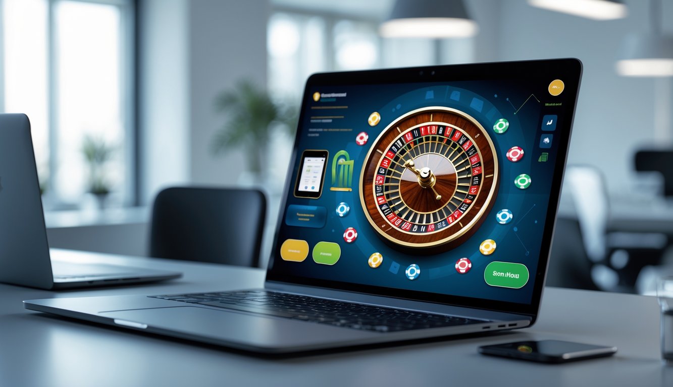 Seorang pengguna duduk di depan komputer yang menampilkan roda roulette digital dengan ikon aplikasi dan simbol mata uang digital di sekitarnya.
