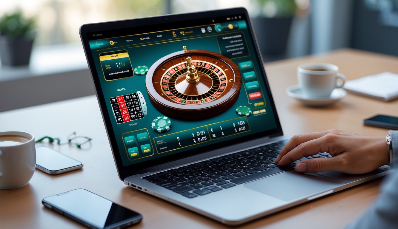 Seorang pengguna duduk di depan laptop yang menampilkan permainan roulette online dengan roda roulette dan pilihan taruhan, di meja terdapat ponsel, cangkir kopi, dan buku catatan.