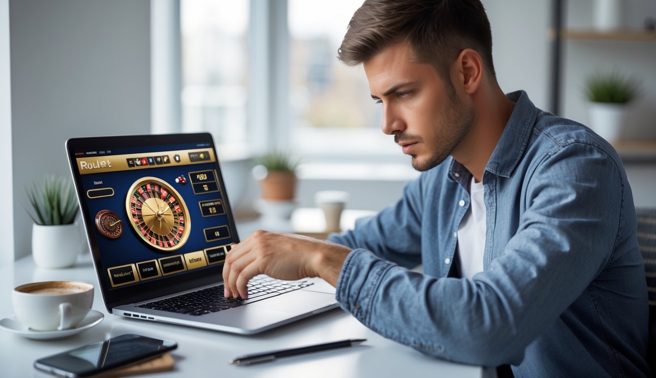 Seorang pria muda duduk di depan laptop dengan tampilan permainan roulette online, tampak fokus dan serius di ruang kerja rumah yang rapi.