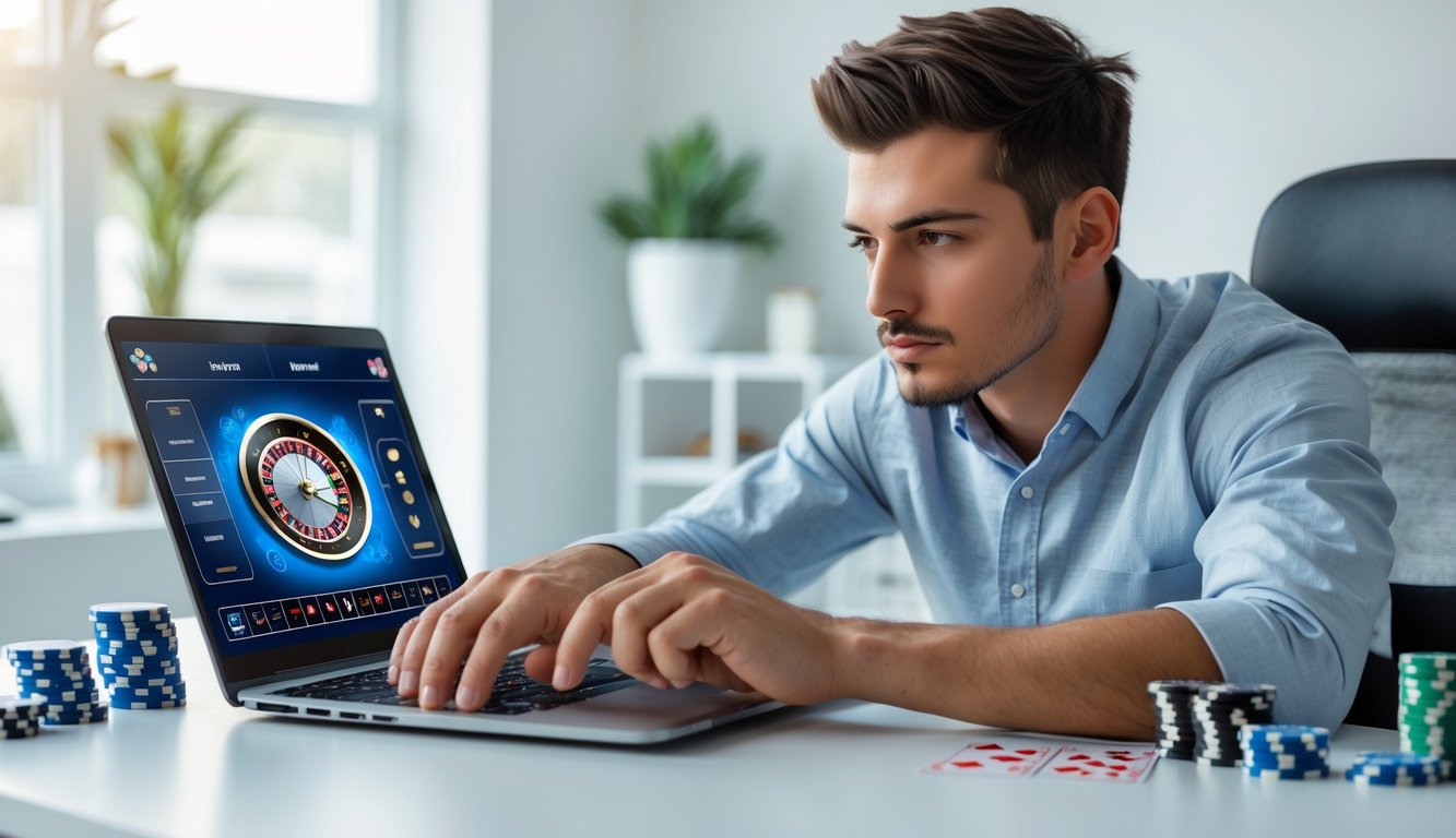 Seorang pria muda duduk di depan laptop, fokus bermain roulette online di ruang kerja rumah yang rapi.