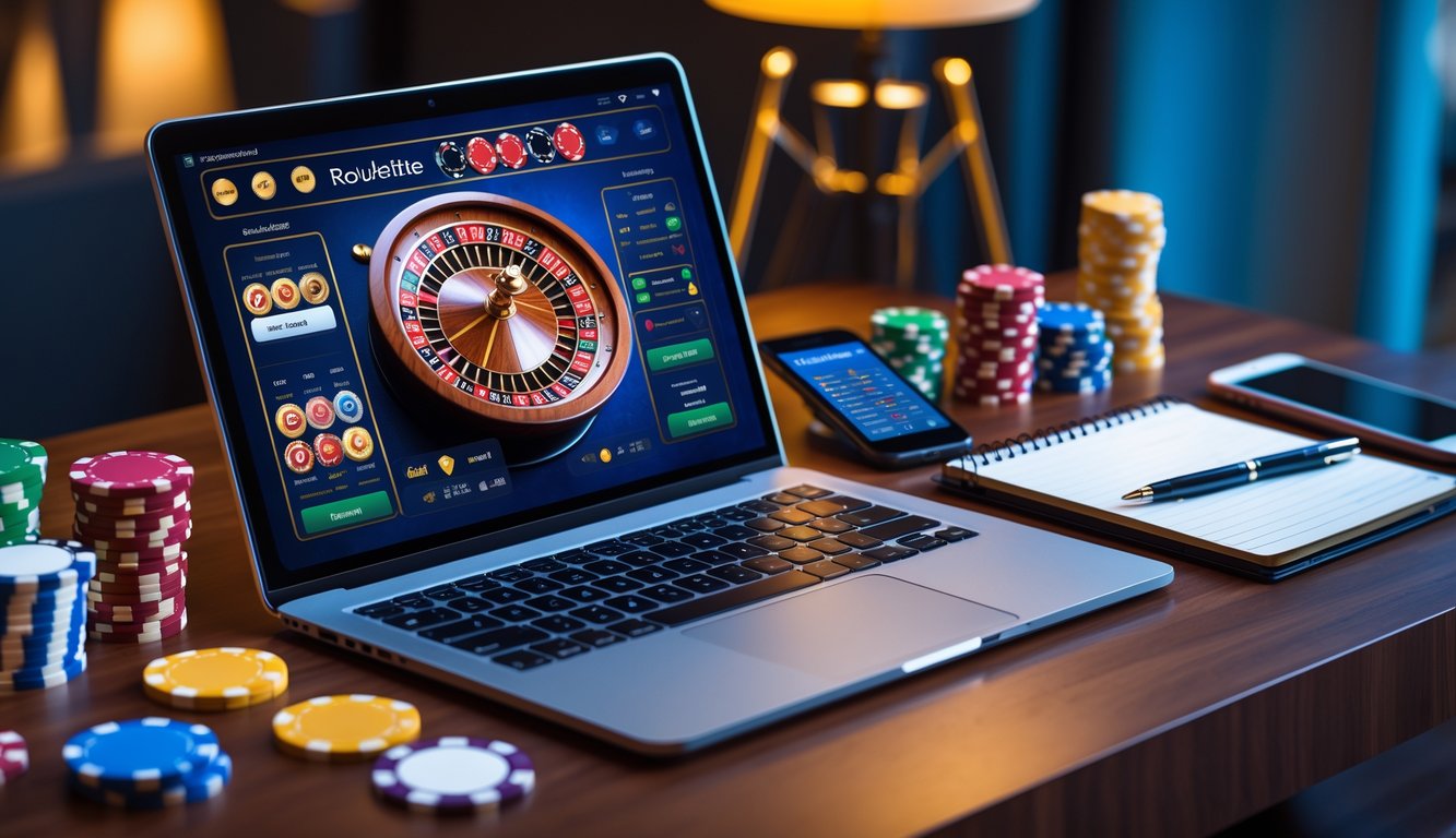 Meja dengan laptop menampilkan roda roulette online, chip kasino, ponsel, dan buku catatan untuk strategi bermain.