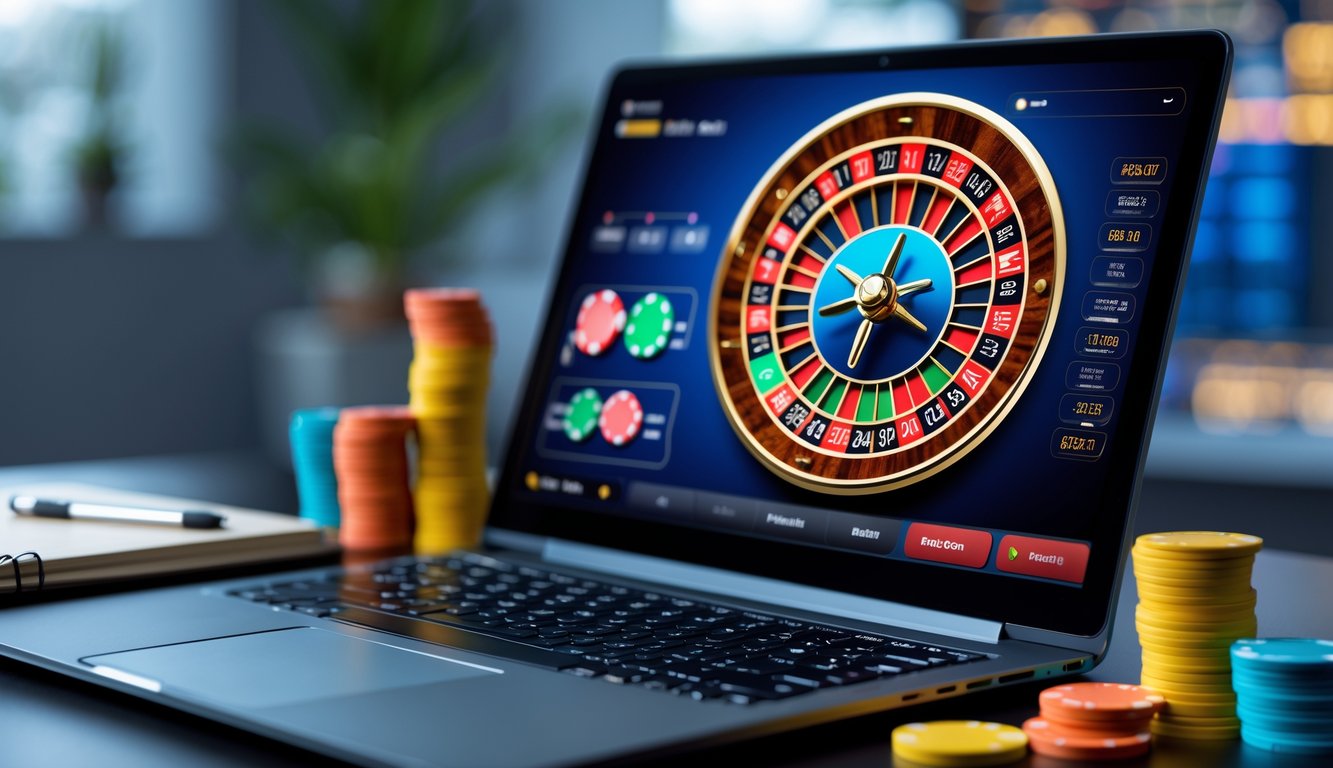 Sebuah laptop menampilkan roda roulette online dengan tumpukan chip warna-warni di dekatnya, di atas meja dengan alat tulis, menunjukkan suasana fokus bermain roulette online.