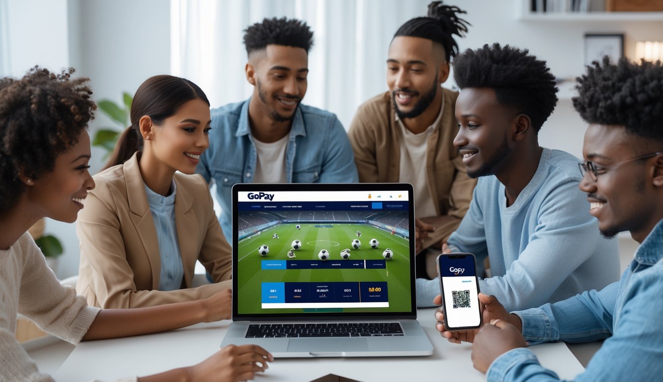 Sekelompok orang muda menggunakan laptop dan ponsel untuk taruhan bola online dengan aplikasi GoPay di meja, di dalam ruangan yang terang dan modern.