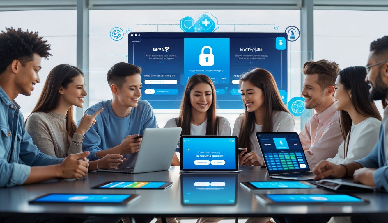 Sekelompok orang muda menggunakan perangkat digital untuk taruhan bola online dengan simbol keamanan dan pembayaran digital.