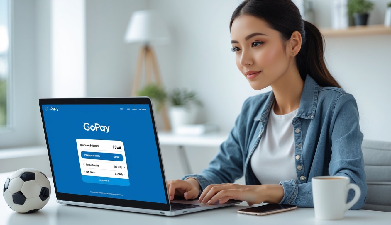 Seorang wanita muda duduk di meja kerja dengan laptop dan ponsel, sedang menggunakan aplikasi pembayaran online sambil memperhatikan elemen terkait taruhan bola.