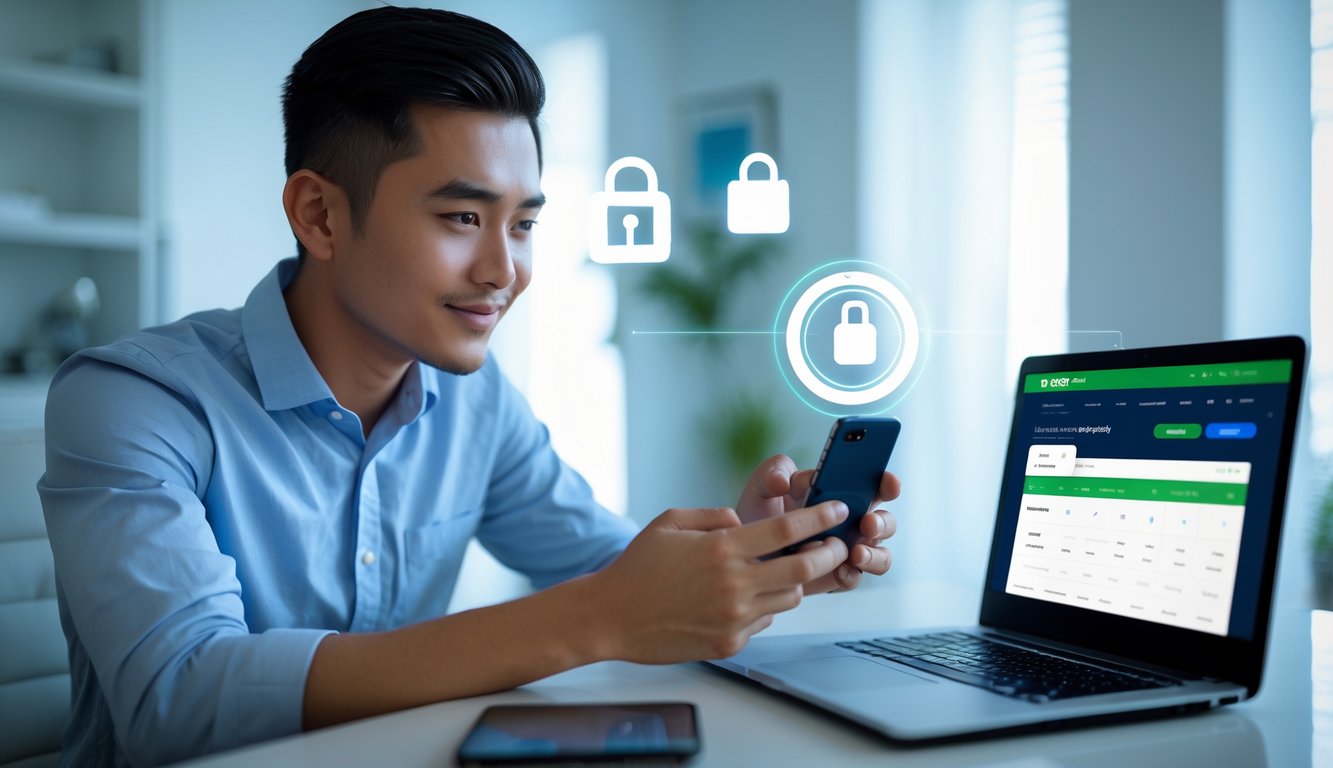 Seorang pria muda menggunakan ponsel untuk melakukan pembayaran online dengan GoPay di meja kerja modern.