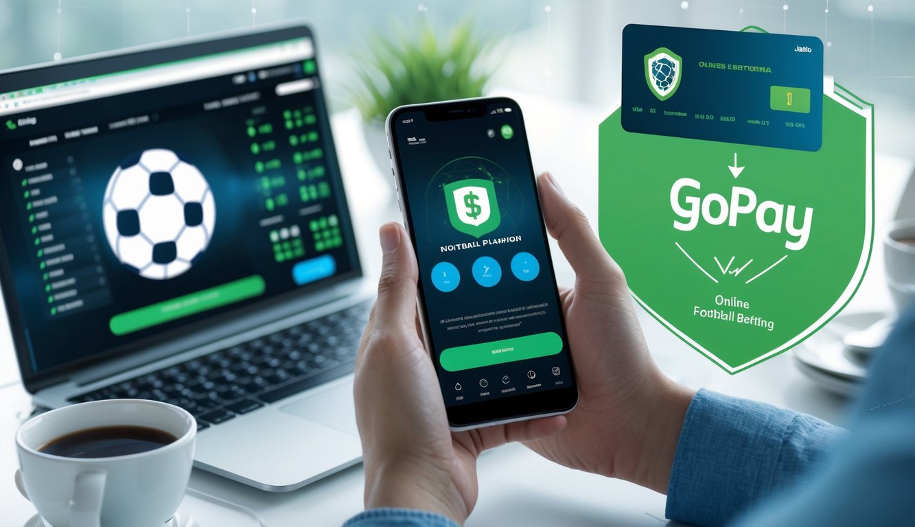 Orang menggunakan ponsel untuk melakukan transaksi pembayaran online terkait taruhan sepak bola dengan laptop dan suasana meja kerja yang rapi.