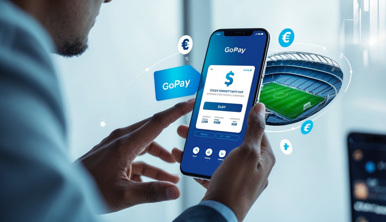 Seseorang menggunakan ponsel untuk melakukan pembayaran digital dengan latar belakang elemen terkait taruhan bola online.