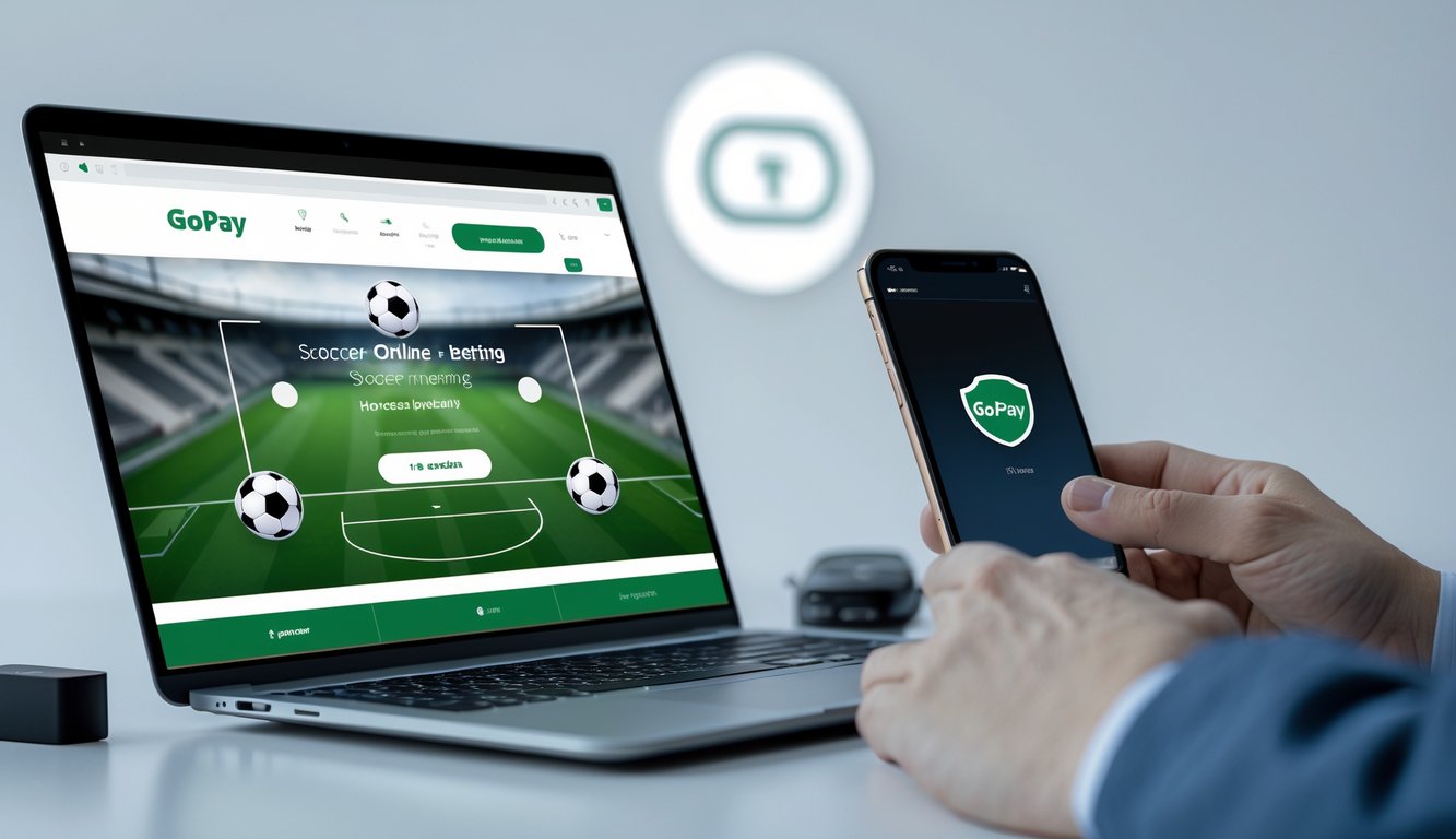 Seorang pria menggunakan laptop dan ponsel di meja kerja, menampilkan aplikasi taruhan sepak bola online dan ikon GoPay, dengan suasana yang aman dan profesional.