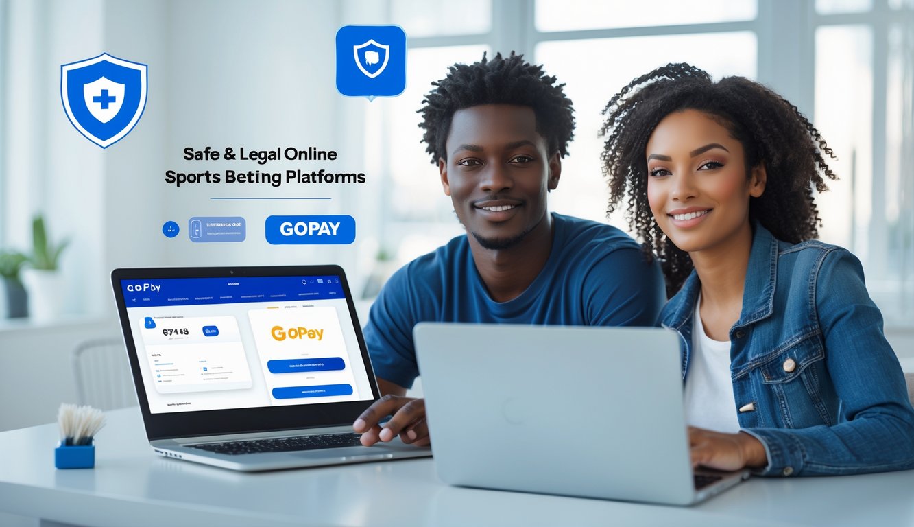 Dua orang muda sedang menggunakan laptop untuk melakukan transaksi online yang aman dengan GoPay, di lingkungan rumah atau kantor yang terang dan modern.