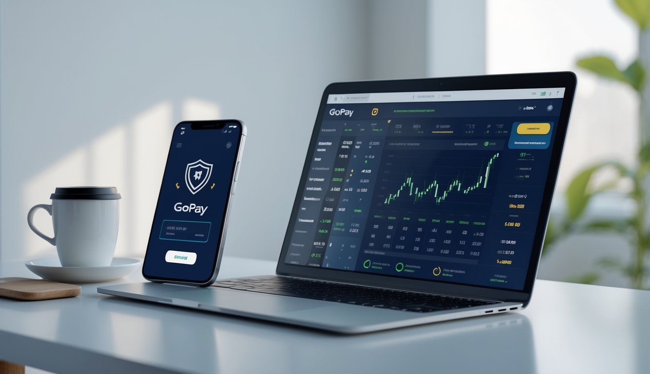 Seorang pengguna sedang mengakses situs taruhan bola online di laptop dengan aplikasi GoPay terbuka di ponsel di sampingnya, menunjukkan proses pembayaran yang aman.