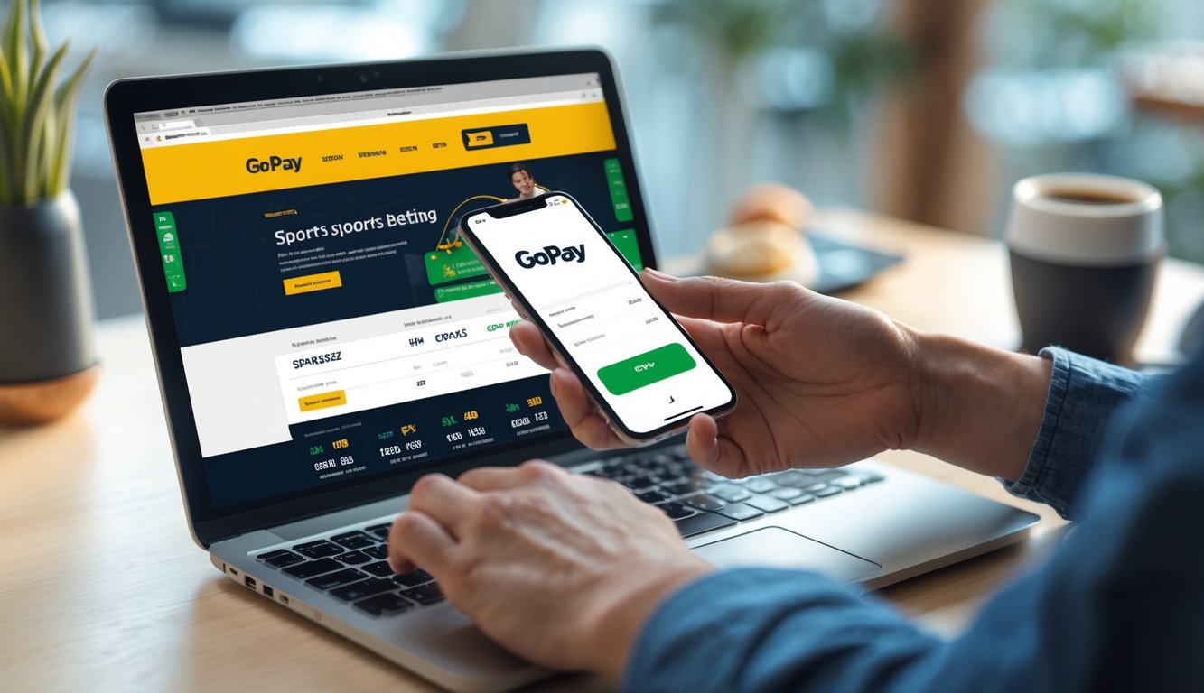 Seseorang menggunakan laptop dan ponsel untuk mendaftar dan melakukan pembayaran di situs bandar bola online dengan aplikasi GoPay.