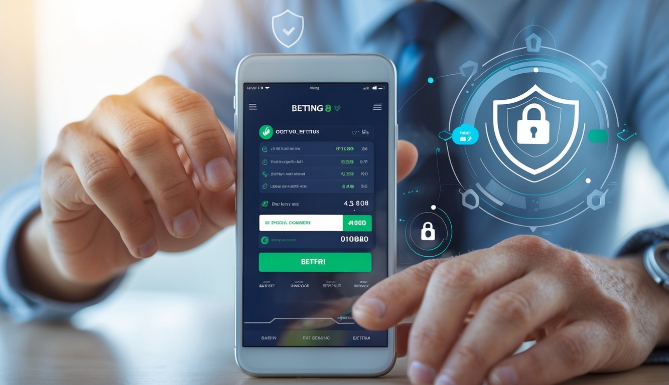 Seseorang menggunakan ponsel pintar untuk memasang taruhan bola secara online dengan tampilan aplikasi taruhan dan simbol keamanan di layar.