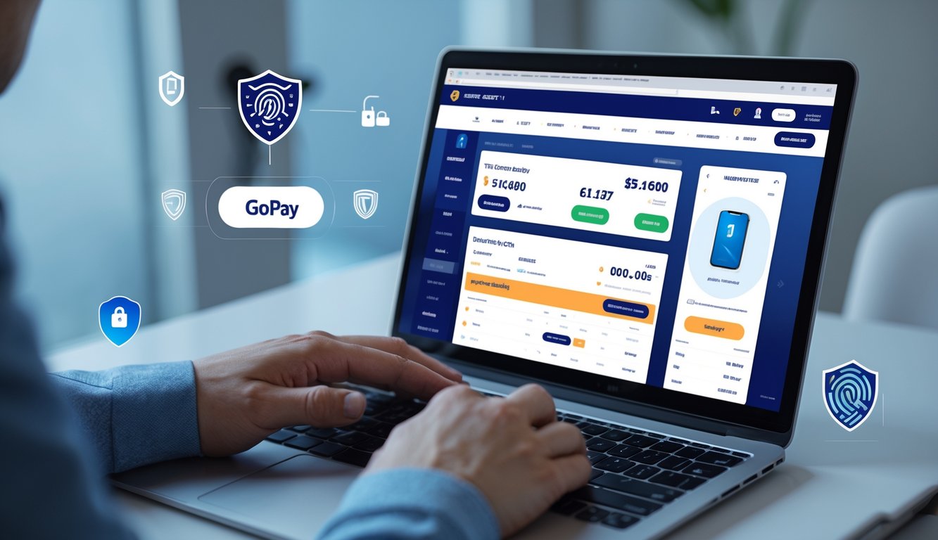 Seseorang menggunakan laptop yang menampilkan platform taruhan bola online yang aman dengan ikon dompet digital GoPay dan simbol keamanan di sekitarnya.