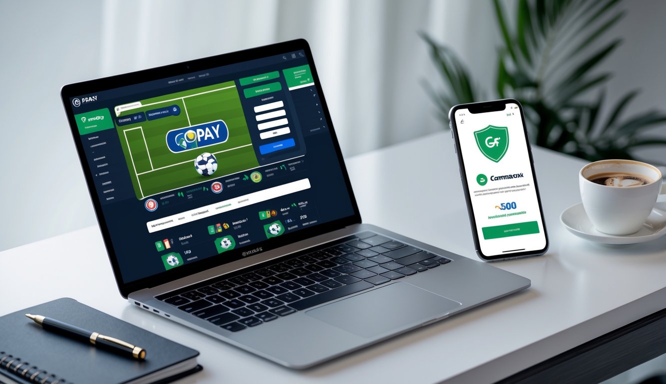 Seorang pengguna melakukan transaksi pembayaran online melalui laptop dan smartphone di meja kerja yang rapi.