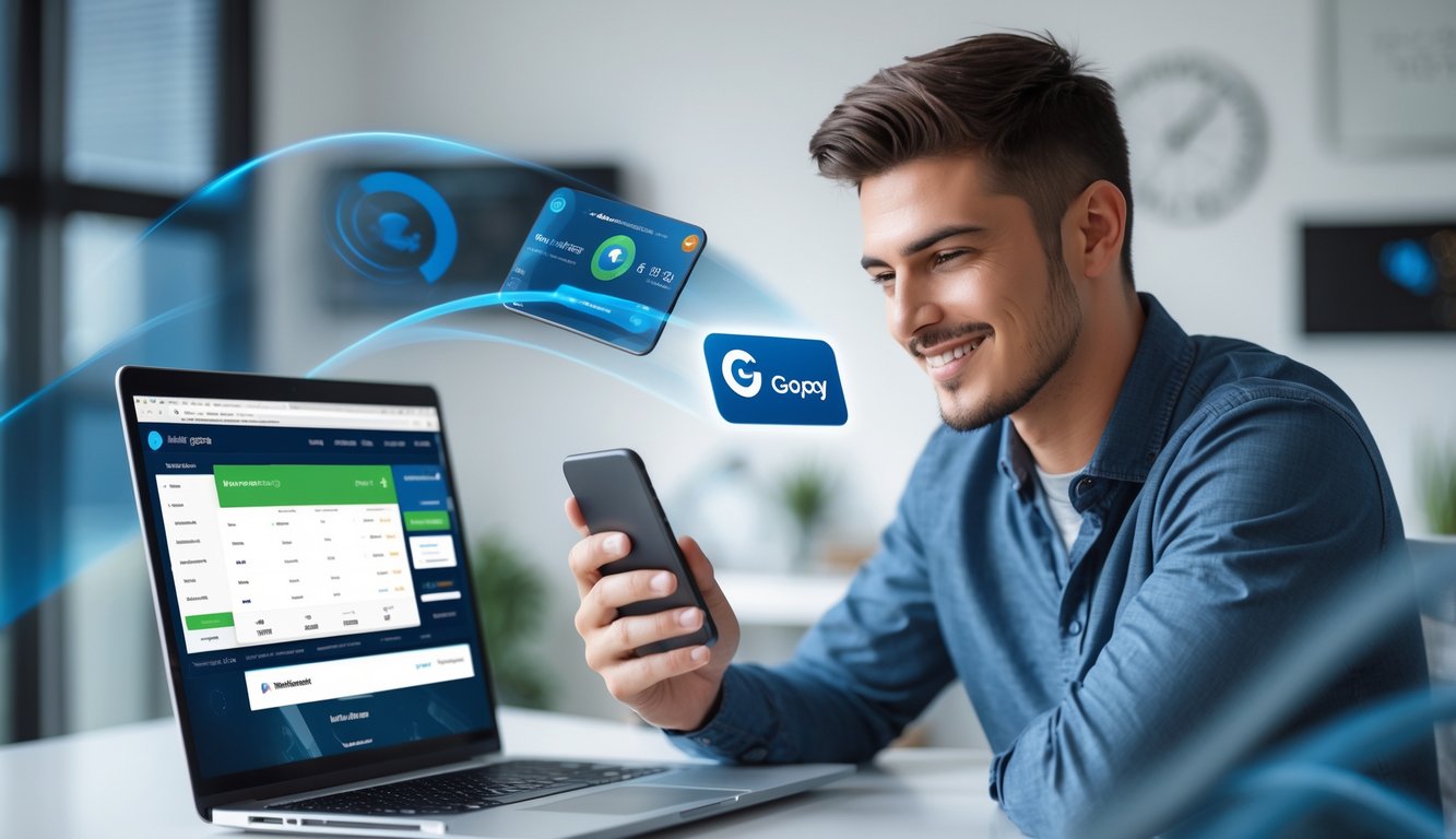 Seorang pria muda menggunakan ponsel di meja kerja modern dengan laptop terbuka menampilkan situs taruhan olahraga dan ikon GoPay di layar ponsel, menunjukkan transaksi online yang aman dan cepat.