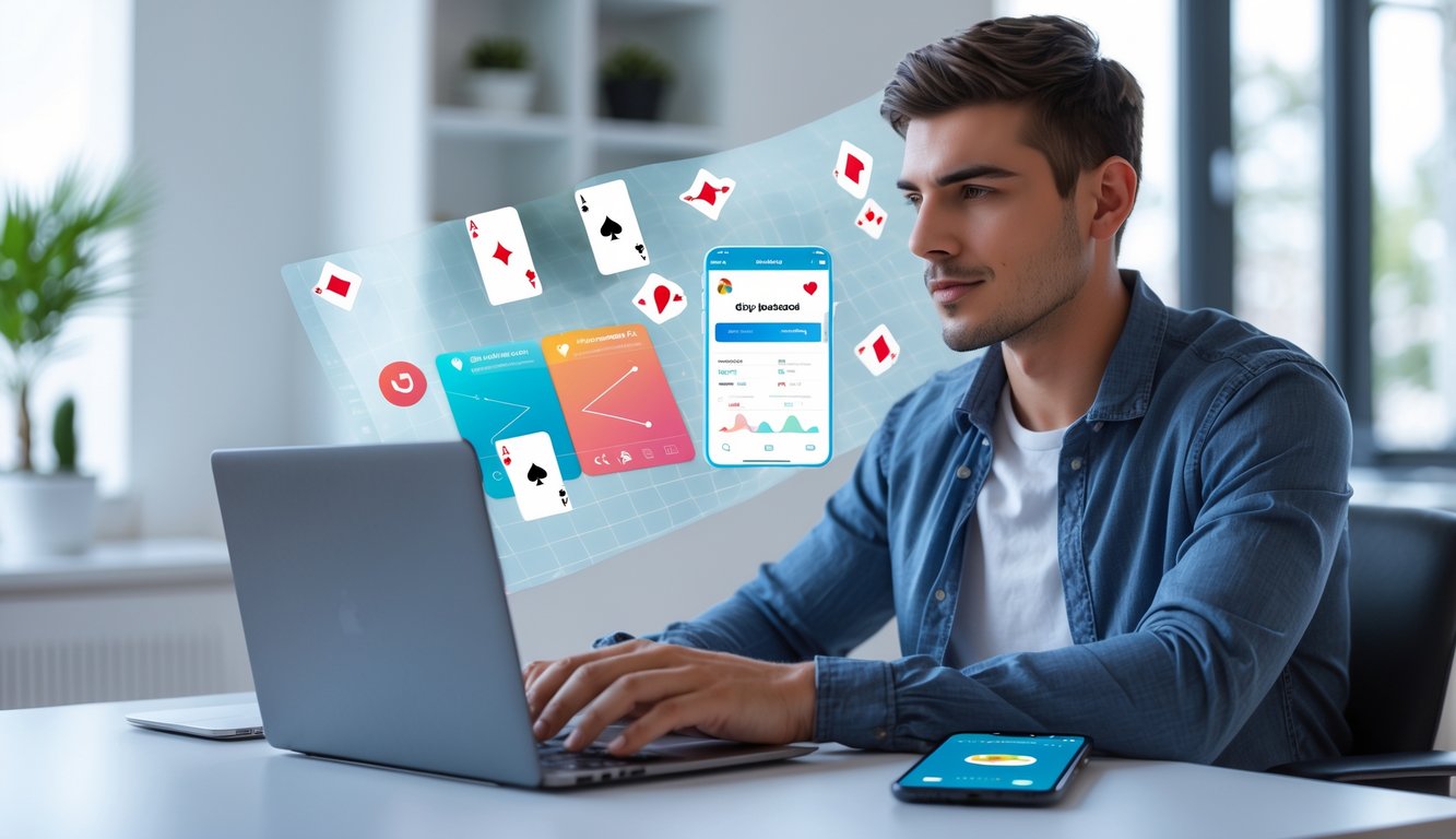 Seorang pria muda duduk di meja dengan laptop dan ponsel yang menampilkan aplikasi pembayaran digital, terlihat fokus dan serius di ruangan kantor rumah yang terang.