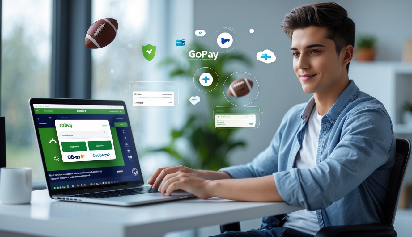Seorang pria muda duduk di meja dengan laptop dan smartphone, sedang menggunakan platform taruhan bola online dengan metode pembayaran GoPay.