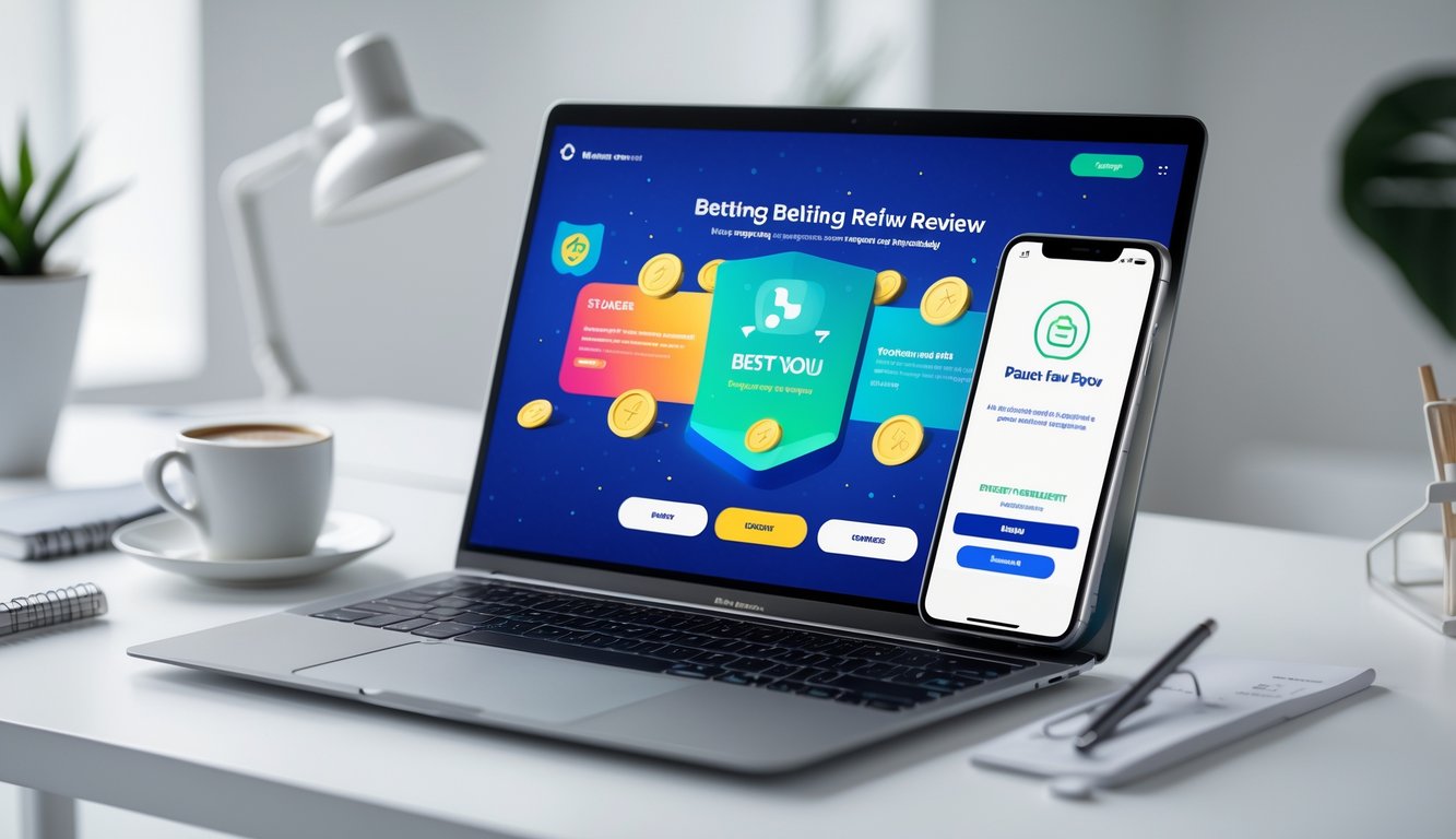 Seorang pengguna sedang menggunakan laptop dan ponsel untuk melakukan pembayaran online dan melihat platform ulasan taruhan bola dengan suasana ruang kerja yang rapi dan terang.