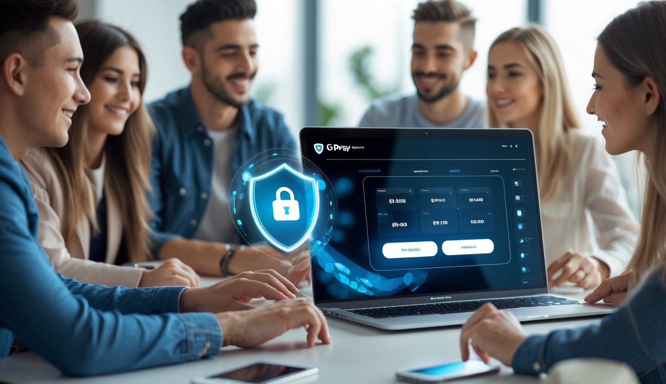 Sekelompok orang muda sedang menggunakan laptop dan ponsel untuk taruhan bola online dengan suasana yang aman dan nyaman.