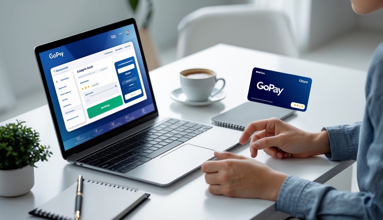 Seseorang duduk di meja dengan laptop dan ponsel, menggunakan aplikasi GoPay untuk mendaftar di situs taruhan bola online dengan suasana yang nyaman dan aman.